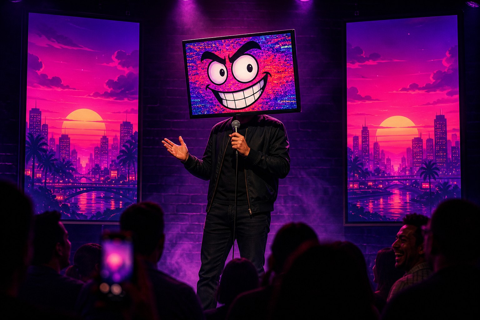 Comedian with a flat-screen TV for a head performing under violet and pink club lights, two giant vertical screens glowing behind